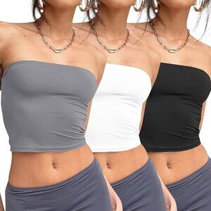 Women's Strapless Tube Top 3-Pack - Black ,White, Gray Stretch Bandeau, M